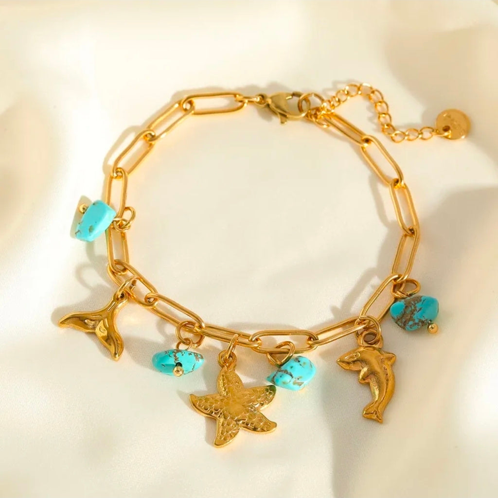 Ozean - 18K vergoldetes Edelstahl-Charm-Armband  mit Türkis